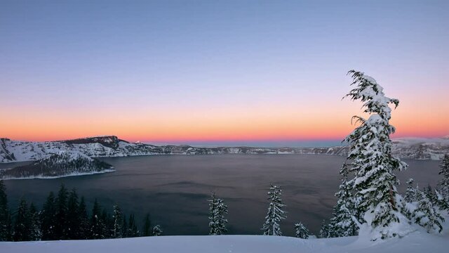 Creater Lake National Park at sunset  with winter snow 