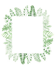 Fototapeta premium Greeting frames and wreaths. Watercolor greenery. Texture of the grass. Green twigs and leaves.