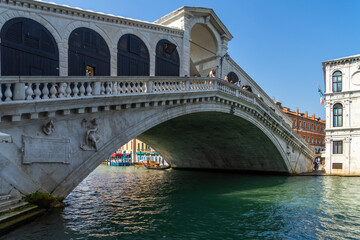 The Rialto Bridge on the Grand Canal, one of the most visited landmarks of Venice, Italy