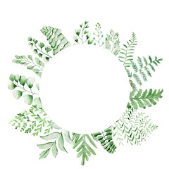Fototapeta premium Greeting frames and wreaths. Watercolor greenery. Texture of the grass. Green twigs and leaves.