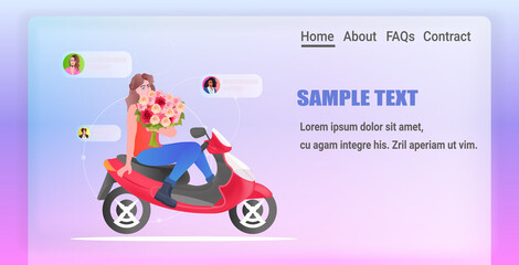 girl on scooter holding flowers and discussing with mix race friends in chat bubbles womens day 8 march holiday celebration online communication concept horizontal full length copy space vector