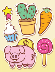 Cute hand drawn piggy bank and daily objects cartoon stickers