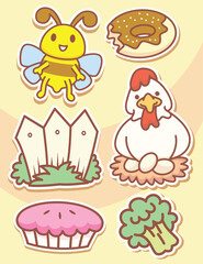 Obraz na płótnie Canvas Cute hand drawn chicken and daily objects cartoon stickers