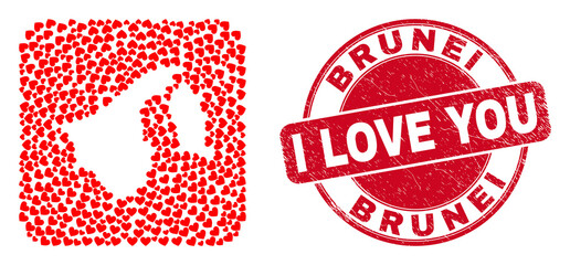 Vector mosaic Brunei map of love heart elements and grunge love stamp. Mosaic geographic Brunei map constructed as carved shape from rounded square shape using lovely hearts.