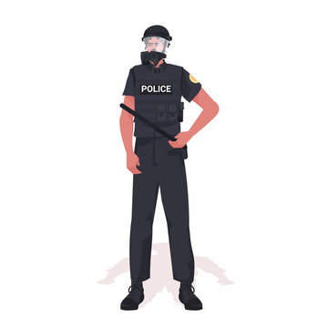 policeman in full tactical gear riot police officer holding baton protesters and demonstration riots mass control concept full length vector illustration