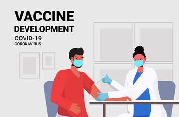 female doctor in mask vaccinating male patient fight against coronavirus vaccine development concept portrait horizontal vector illustration