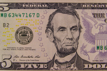 Macro shot of the five dollars banknote