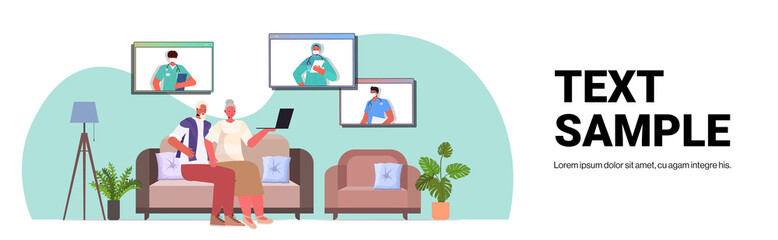 senior couple patients discussing with doctors in web browser windows online medical consultation coronavirus quarantine self isolation concept living room interior horizontal copy space vector