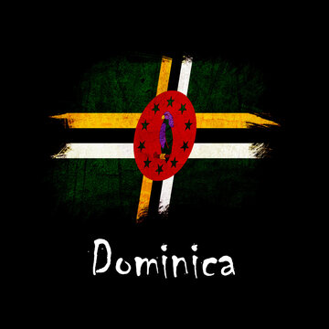 National flag of Dominica, abbreviated with dm; a realistic 3d image of the national symbol from an independent country painted on a black background with the countryname below