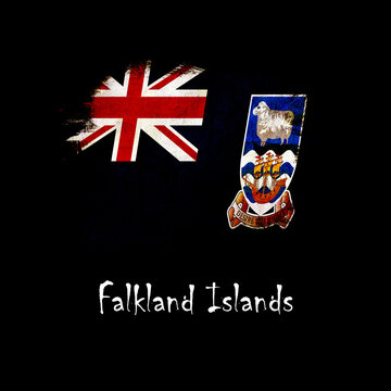 National flag of Falkland Islands, abbreviated with fk; a realistic 3d image of the national symbol from an independent country painted on a black background with the countryname below