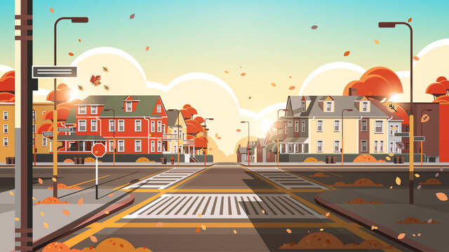 City Facade Buildings Empty No People Urban Street Real Estate Houses Exterior Sunset Autumn Cityscape Background Horizontal Vector Illustration