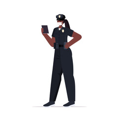 policewoman in uniform wearing mask to prevent coronavirus pandemic labor day celebration concept police officer writing penalty full length vector illustration