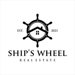 Ship steering wheel real estate logo inspiration. design template, vector illustration.