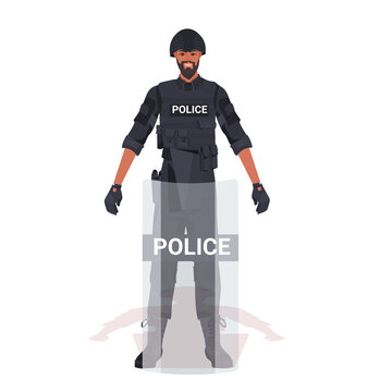 policeman in full tactical gear riot police officer with shield protesters and demonstration riots mass control concept full length vector illustration