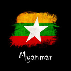 National flag of Myanmar, abbreviated with mm; a realistic 3d image of the national symbol from an independent country painted on a black background with the countryname below