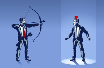 Businessman Ready to Shoot an Apple on top of other Businessman's Head with Arrow