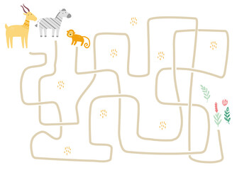 Maze with cute african animal for children. Kids labyrinth game. Mind activities illustration.