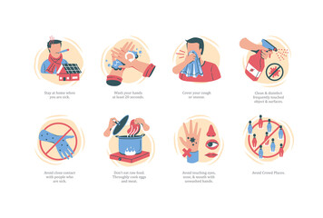Coronavirus 2019-nCoV prevention icons set for infographic. Hand drawing style icons. Casual