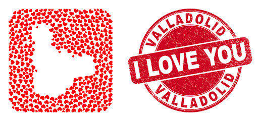 Vector collage Valladolid Province map of lovely heart elements and grunge love stamp. Collage geographic Valladolid Province map created as stencil from rounded square shape using valentine hearts.