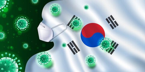 3d llustration of South Korea's flag with germs or virus and respiratory masker. Coronavirus (Covid-19) Outbreak in South Korea. Covid-19 or 2019-nC0V Outbreak. China pathogen. Wuhan virus