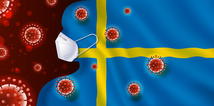 3d llustration of Sweden flag with germs or virus and respiratory masker. Coronavirus (Covid-19) Outbreak in Sweden. Covid-19 or 2019-nC0V Outbreak. China pathogen. Wuhan virus