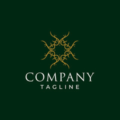 Golden decorated mandala logo design on dark green background.