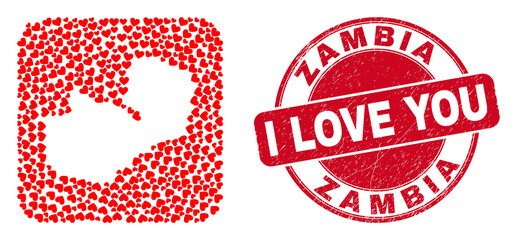 Vector collage Zambia map of love heart elements and grunge love seal. Collage geographic Zambia map created as carved shape from rounded square shape with lovely hearts.