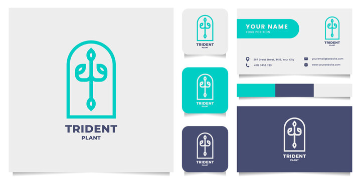 Simple and minimalist trident plant emblem logo, with business card, icon, and color palette
