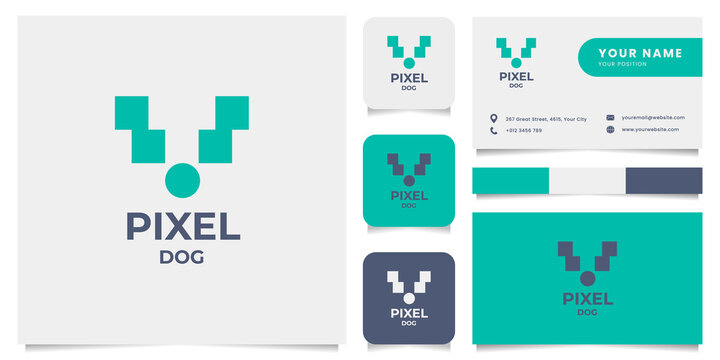 Simple and minimalist pixel dog logo, with business card, icon, and color palette
