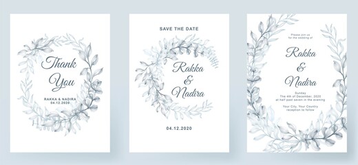 wedding invitation elegant simple white with greenery watercolor pastel leaf decoration