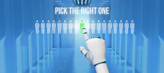 robot hand selecting a person symbol out of many in front of a futuristic background