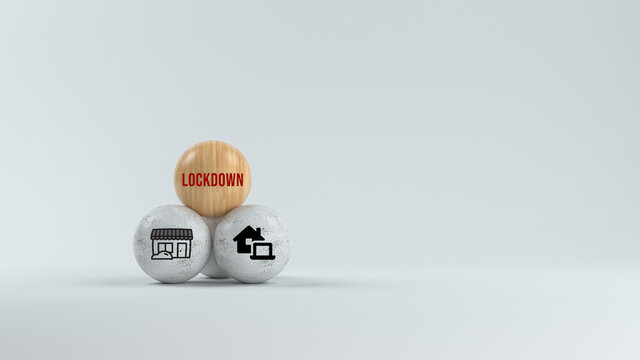 spheres with message LOCKDOWN and business icons on white background