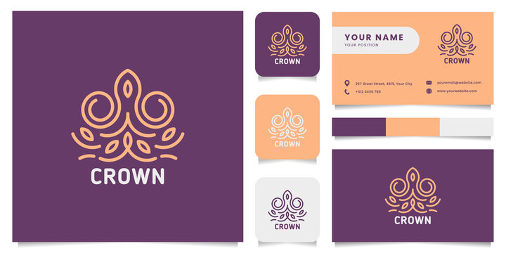 Simple and minimalist crown logo, with business card, icon, and color palette