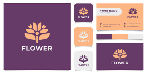 Simple and minimalist flower logo, with business card, icon, and color palette