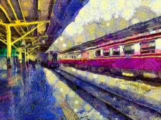 Fototapeta na wymiar Hua Lamphong Railway Station Illustrations creates an impressionist style of painting.