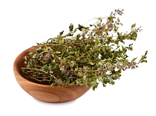 Dried Thyme in Wooden Bowl. Dry Thymus ot Thymes Leafs and Flowers as Culinary Spice and Herbal Tea Ingredient. Isolated on White Background.