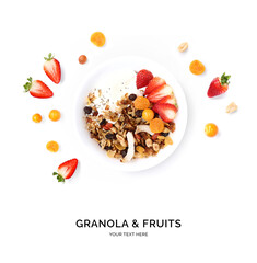 Creative layout made of granola with fruits isolated on white background.Flat lay. Food concept.