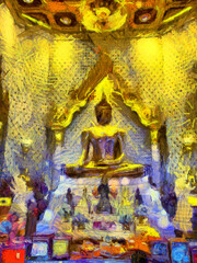Big golden buddha Illustrations creates an impressionist style of painting.