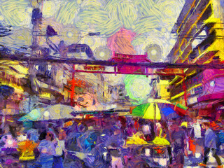 Landscape of Chinatown Yaowarat in Bangkok Illustrations creates an impressionist style of painting.