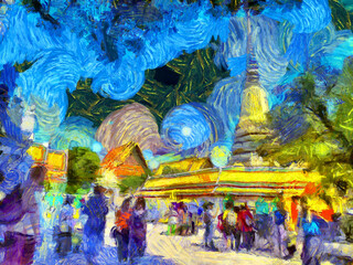 Landscape of Wat Pho Major attractions in Bangkok Illustrations creates an impressionist style of painting.