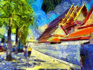 Fototapeta na wymiar Landscape of Wat Pho Major attractions in Bangkok Illustrations creates an impressionist style of painting.