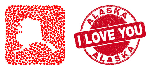 Vector collage Alaska map of lovely heart elements and grunge love seal stamp. Mosaic geographic Alaska map constructed as carved shape from rounded square with lovely hearts.