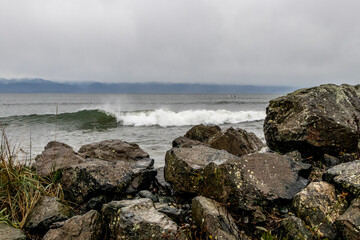 Big waves at Whiffen Spit in Sooke on Vancouver Island, BC