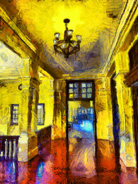 The interior landscape of an ancient building in Bangkok, illustrations create impressionist style paintings.