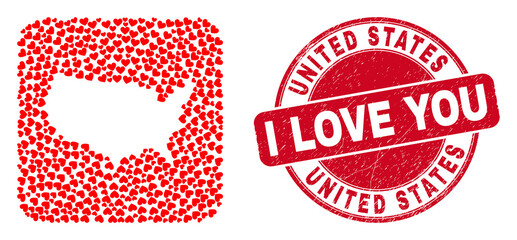 Vector mosaic United States map of love heart items and grunge love seal stamp. Collage geographic United States map constructed as carved shape from rounded square with valentine hearts.