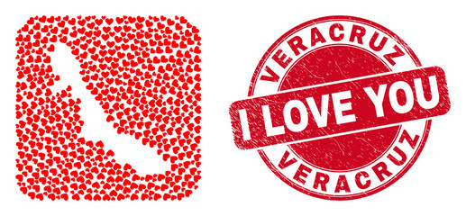 Vector mosaic Veracruz State map of love heart elements and grunge love seal. Collage geographic Veracruz State map created as hole from rounded square using love hearts.