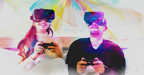couple with Visual reality or VR headset play video console game together