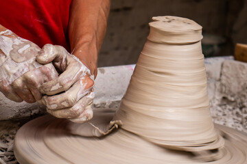 Ceramics on the elaboration process at a traditional factory at the small city of Raquira in Colombia