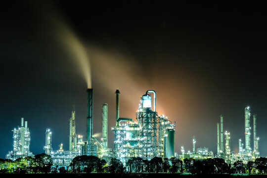 Night landscape of Omsk oil refinery in Russia