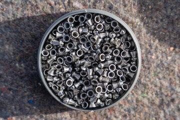 Top view on air gun pellets for training in box